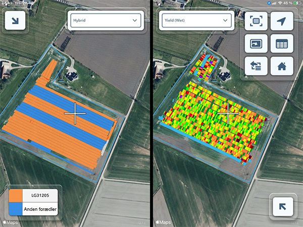 Split screen fra FieldView, hvor man kan se to kort på samme tid